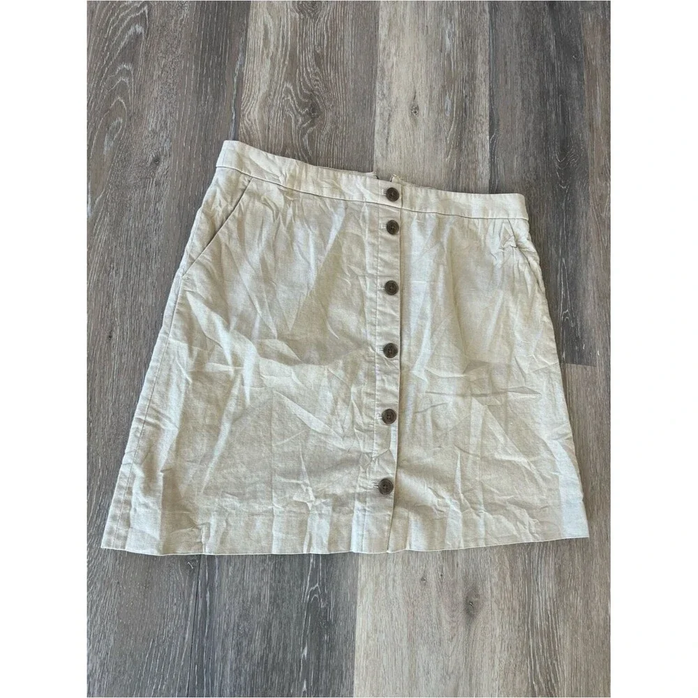 J.Crew Button Front Mini Skirt Tan Beige Women’s Size 12 Linen Blend Preppy Fit